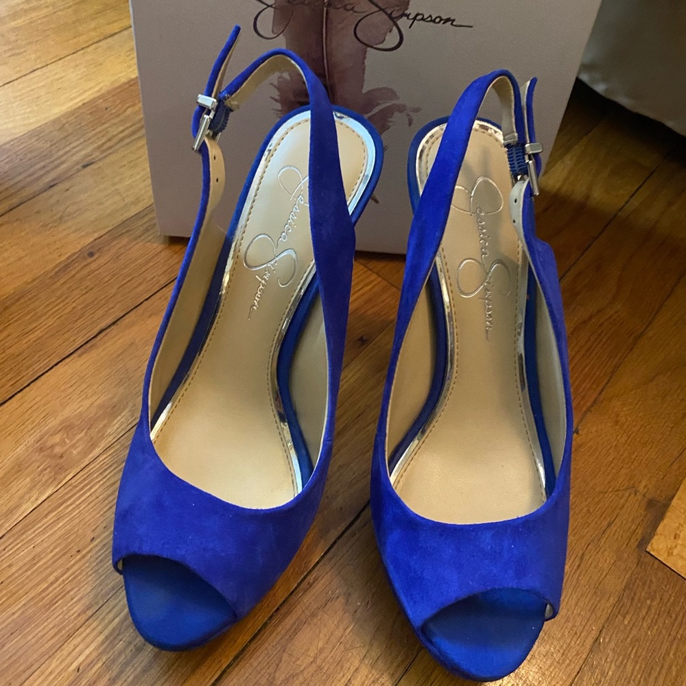 Jessica Simpson peep toe blue suede heels